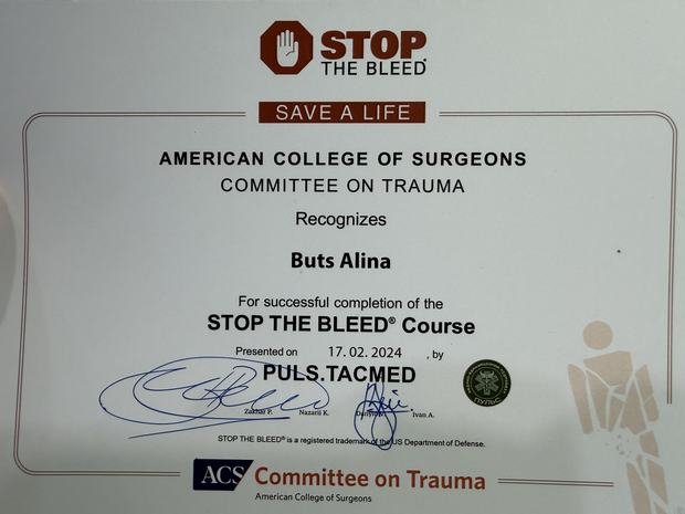 Сертифікат курсу STOP THE BLEED, American College of Surgeons, 2024